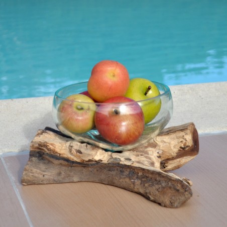 Un terrarium, saladier ou ramequin en verre recyclé soufflé et moulé en fusion sur du bois flotté.
