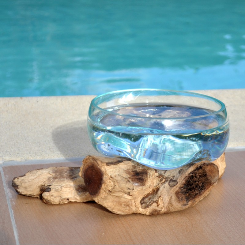 1 terrarium, saladier ou ramequin en verre recyclé soufflé coulé en fusion sur du bois flotté.