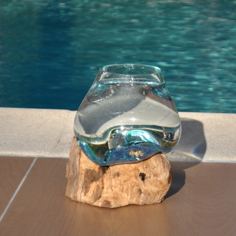 Verre recyclé soufflé à la bouche en fusion sur du bois flotté, le vase est amovible pour le lavage