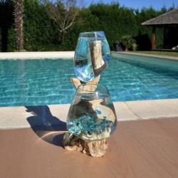 Deux aquariums en verre recyclé soufflé en fusion directement sur du bois flotté, pour le lavage, les verres sont amovibles.