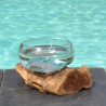Terrarium, saladier ou ramequin en verre recyclé soufflé en fusion sur du bois flotté.