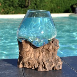 Bol à cocktail ou  vase en verre recyclé soufflé à la bouche en fusion sur du bois flotté, le vase est amovible pour le laver