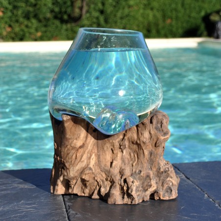 Bol à cocktail ou  vase en verre recyclé soufflé à la bouche en fusion sur du bois flotté, le vase est amovible pour le laver