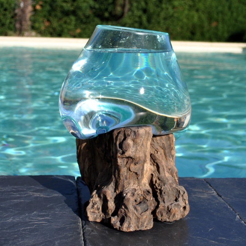 Bol à punch en verre recyclé soufflé à la bouche en fusion sur du bois flotté, le vase est amovible pour le lavage.