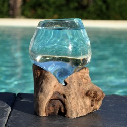 Verre recyclé soufflé à la bouche en fusion sur du bois flotté, le vase est amovible pour le lavage