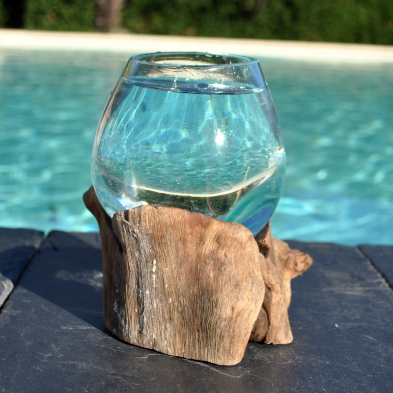 Vase en verre recyclé soufflé à la bouche en fusion sur du bois flotté, le vase est amovible pour le lavage