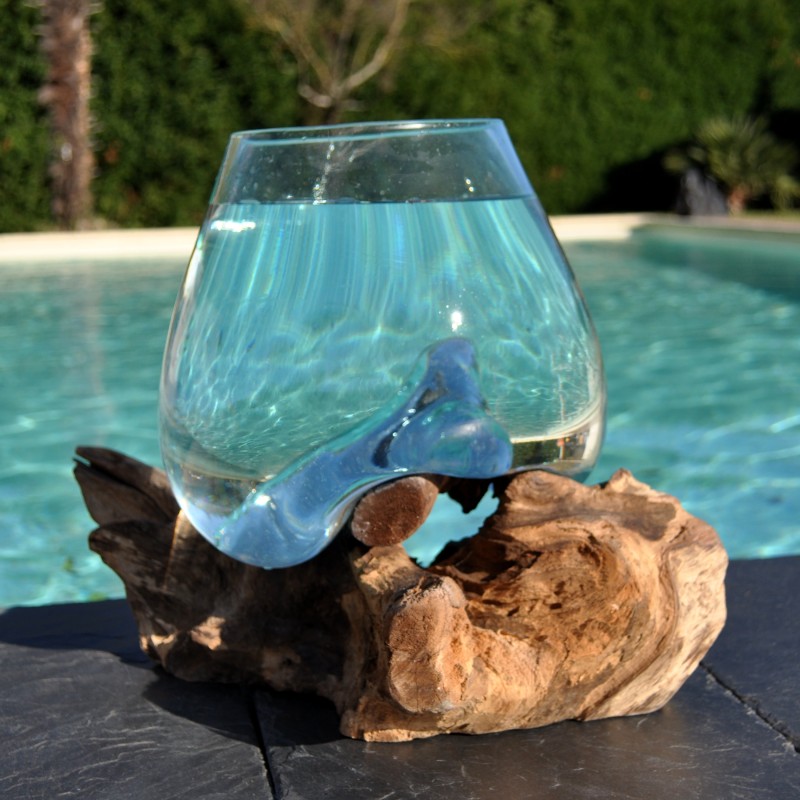 Bol à punch en verre recyclé soufflé à la bouche en fusion sur du bois flotté, le vase est amovible pour le lavage.