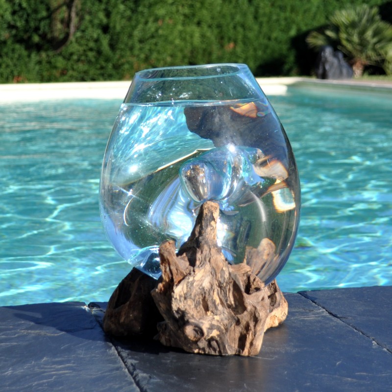 Bol à punch en verre recyclé soufflé à la bouche en fusion sur du bois flotté, le vase est amovible pour le lavage.