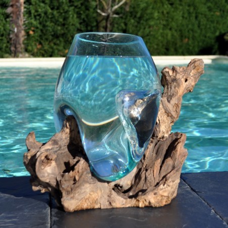 Bol à cocktail ou  vase en verre recyclé soufflé à la bouche en fusion sur du bois flotté, le vase est amovible pour le laver
