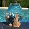 Bol à punch en verre recyclé soufflé à la bouche en fusion sur du bois flotté, le vase est amovible pour le lavage.