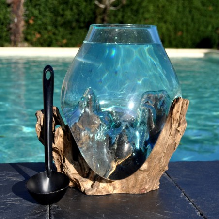 Bol à cocktail ou  vase en verre recyclé soufflé à la bouche en fusion sur du bois flotté, le vase est amovible pour le laver