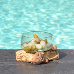 Terrarium, saladier ou ramequin en verre recyclé soufflé coulé en fusion sur du bois flotté.