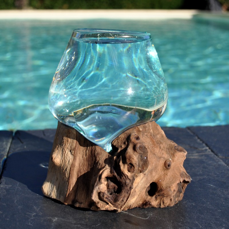 Verre recyclé soufflé à la bouche en fusion sur du bois flotté, le vase est amovible pour le lavage