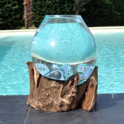 Aquarium ou  vase en verre recyclé soufflé à la bouche en fusion sur du bois flotté, le vase est amovible pour le laver