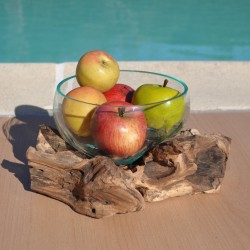 Un terrarium, saladier ou ramequin en verre recyclé soufflé et moulé en fusion sur du bois flotté.