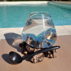 Bol à punch en verre recyclé soufflé à la bouche en fusion sur du bois flotté, le vase est amovible pour le lavage.