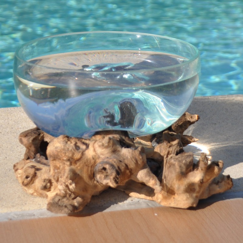 Un terrarium, saladier ou ramequin en verre recyclé soufflé et moulé en fusion sur du bois flotté.