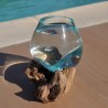 Vase en verre recyclé soufflé à la bouche en fusion sur du bois flotté, le vase est amovible pour le lavage