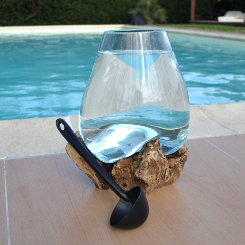 Bol à punch en verre recyclé soufflé à la bouche en fusion sur du bois flotté, le vase est amovible pour le laver.