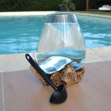 Bol à punch en verre recyclé soufflé à la bouche en fusion sur du bois flotté, le vase est amovible pour le laver.