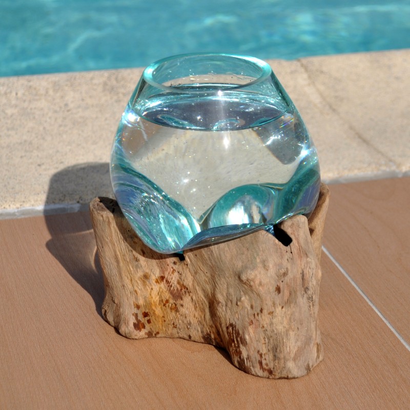 Vase en verre recyclé soufflé à la bouche en fusion sur du bois flotté, le vase est amovible pour le lavage