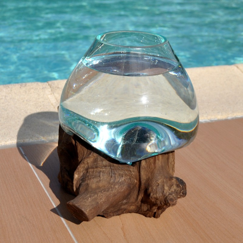 Petit aquarium en verre recyclé soufflé sur du bois flotté.