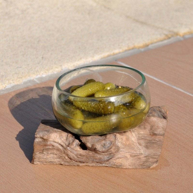 Terrarium, saladier ou ramequin en verre recyclé soufflé coulé en fusion sur du bois flotté.