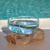 Un terrarium, saladier ou ramequin en verre recyclé soufflé coulé en fusion sur du bois flotté.