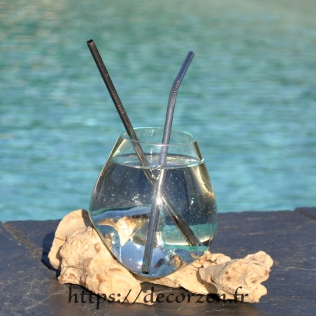 Verre à duo ou  vase en verre recyclé soufflé à la bouche en fusion sur du bois flotté, le vase est amovible pour le lavage