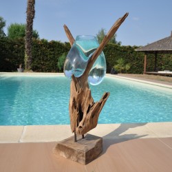 Aquarium ou gros vase en verre soufflé et moulé en fusion sur le bois, le verre est amovible