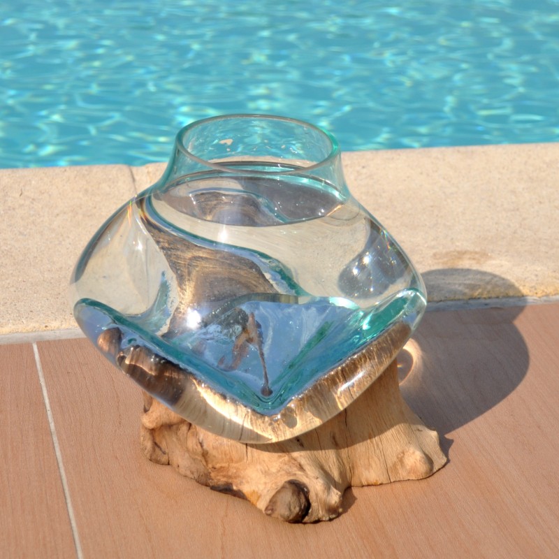 Verre recyclé soufflé à la bouche en fusion sur du bois flotté, le vase est amovible pour le lavage