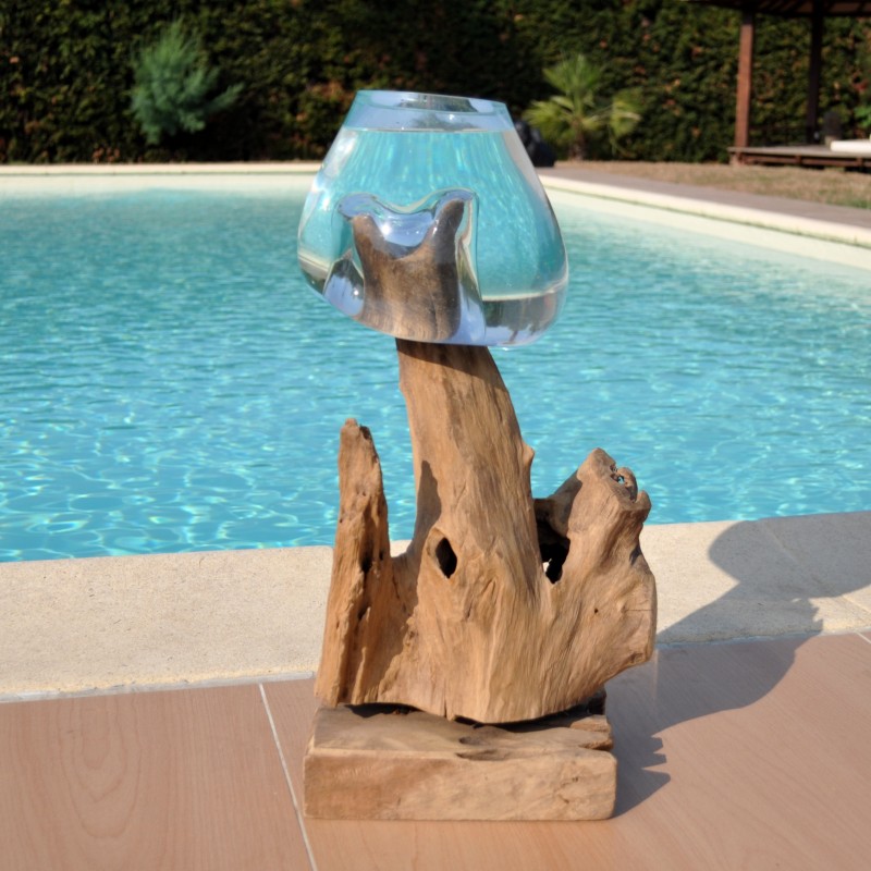 Aquarium ou gros vase en verre soufflé et moulé en fusion sur le bois, le verre est amovible