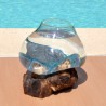 Vase en verre recyclé soufflé à la bouche en fusion sur du bois flotté, le vase est amovible pour le lavage