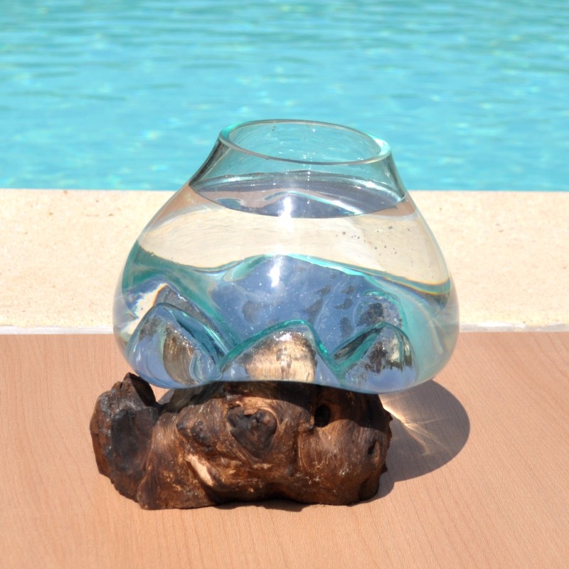 Verre recyclé soufflé à la bouche en fusion sur du bois flotté, le vase est amovible pour le lavage