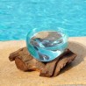 Terrarium, saladier ou ramequin en verre recyclé soufflé coulé en fusion sur du bois flotté.
