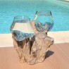 Deux aquariums en verre recyclé soufflé en fusion directement sur du bois flotté, les verres sont amovibles