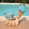 1 vase et un terrarium en verre recyclé soufflé en fusion directement sur du bois flotté, les verres sont amovibles