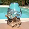 Aquarium ou  vase en verre recyclé soufflé à la bouche en fusion sur du bois flotté, le vase est amovible pour le lavage.