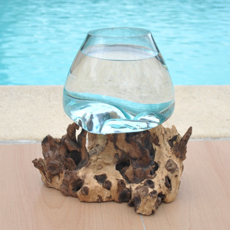 Vase en verre recyclé soufflé à la bouche en fusion sur du bois flotté, le vase est amovible pour le lavage
