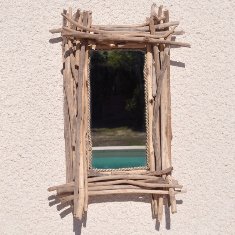 Miroir rectangulaire en bois flotté et cordelette
