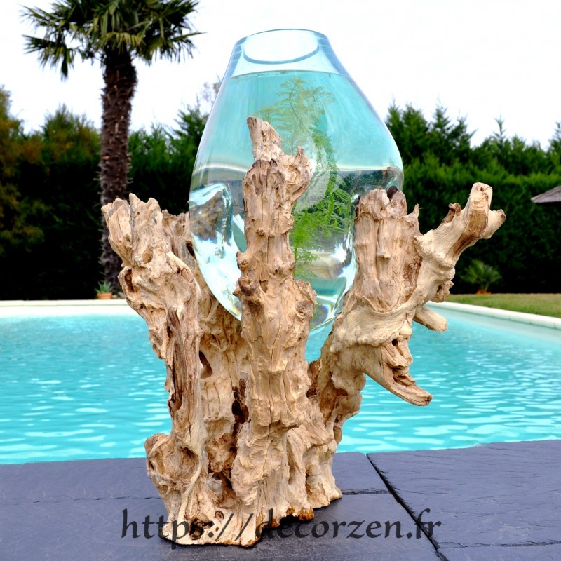 Vase, bol à punch ou aquarium en verre soufflé coulé en fusion sur du bois de teck flotté
