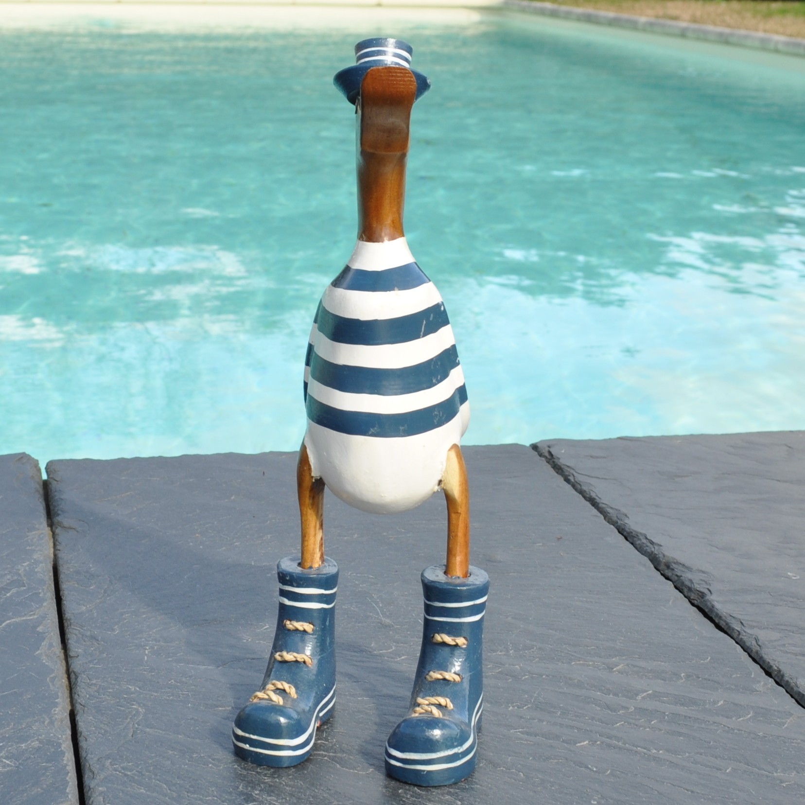 Canard Décoratif En Bois En Marinière Bleu Ciel - Décor Fait Main Rigolo - 13